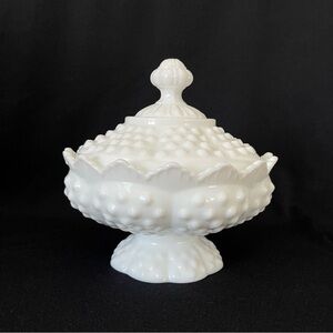 Footed Candy Dish with Lid - Crown Edge - Fenton Hobnail Milk Glass - Vintage